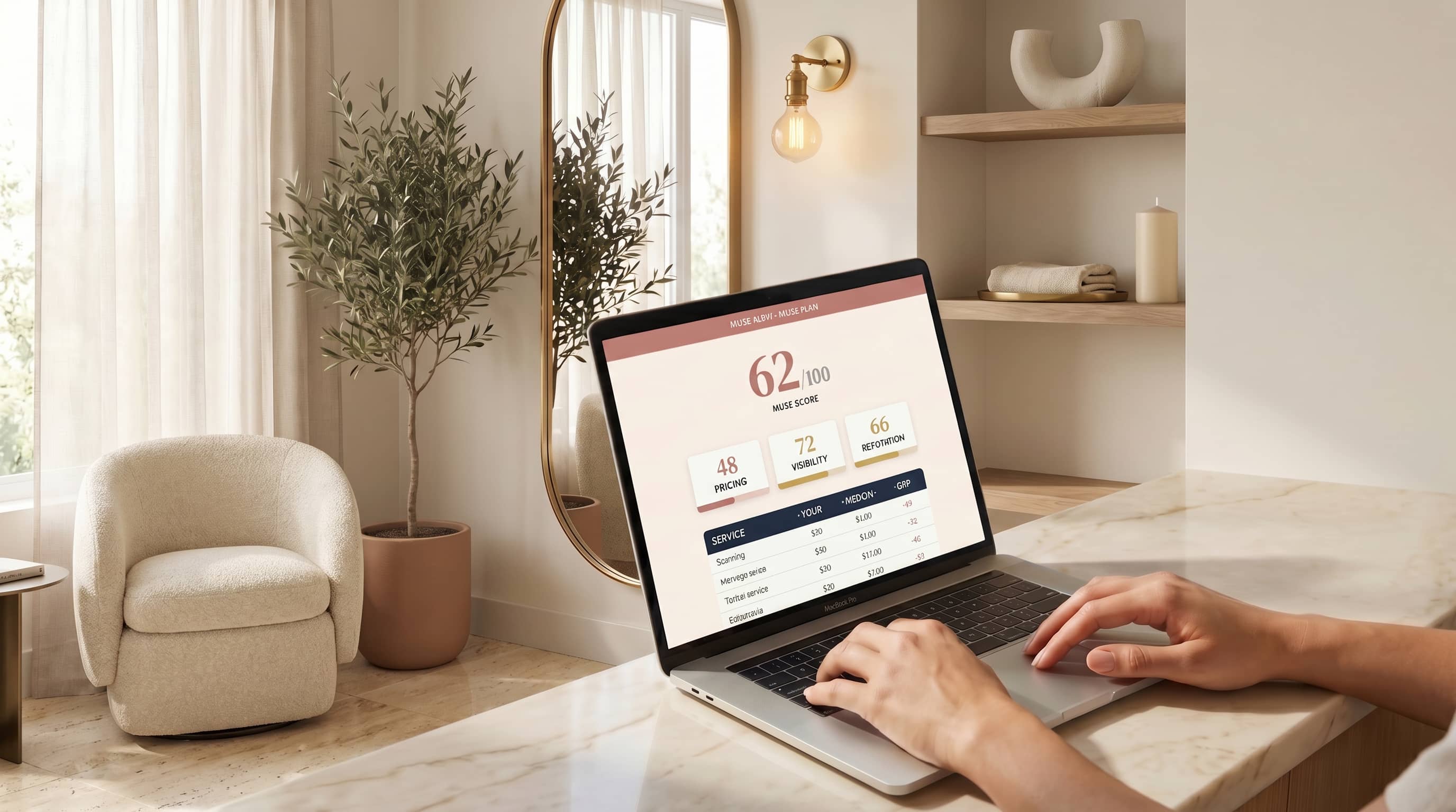 The Muse Plan dashboard displayed on a laptop in a boutique beauty studio workspace